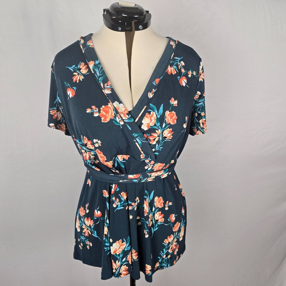 torrid Navy Floral Wrap Blouse with Coral Roses